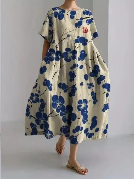 Apricot Blue Plum Flower Cotton Dresses Pockets Patchwork Summer