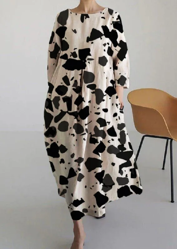 White Black Print Cotton Dresses Pockets Patchwork Summer