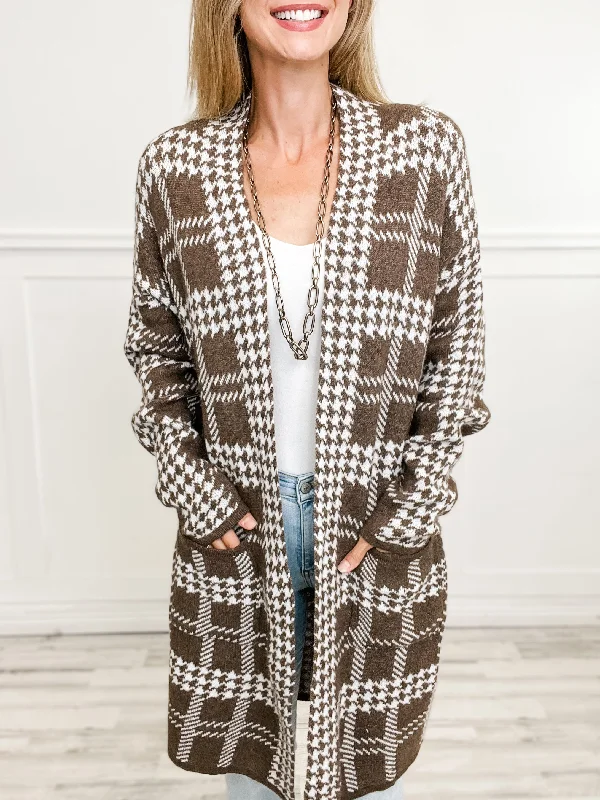 Long Length Houndstooth Open Front Cardigan