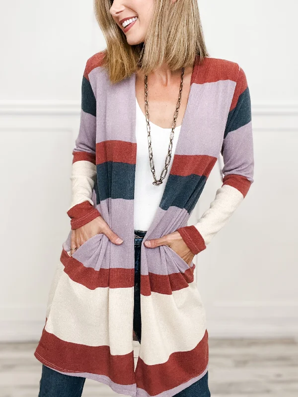 Long Sleeve Multi Color Block Open Front Cardigan