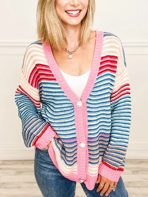 Multi Striped Cardigan Top with Jeweled Button Front