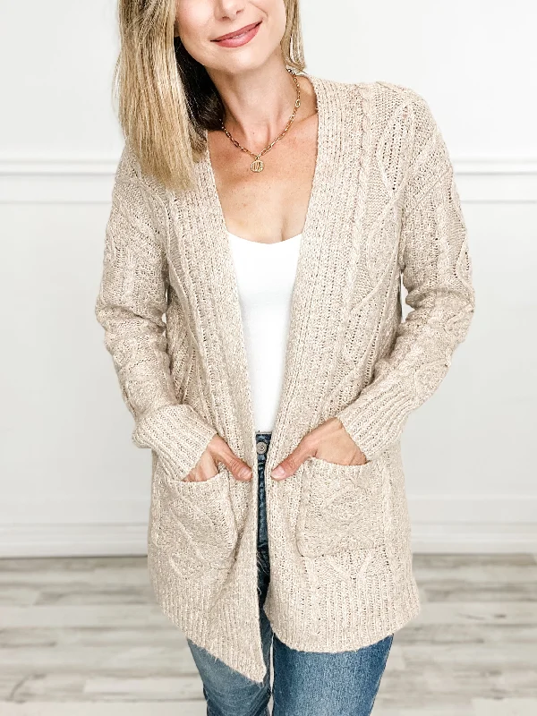 Open Front Cable Cardigan with Pocket in Beige