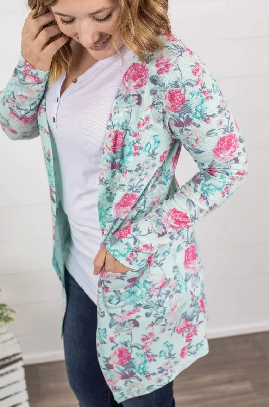 Rachel Ribbed Cardigan - Mint Floral