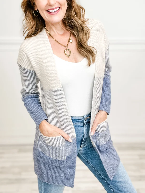 Ribbed Color Block Super Soft Yard Open Front Cardigan in Indigo