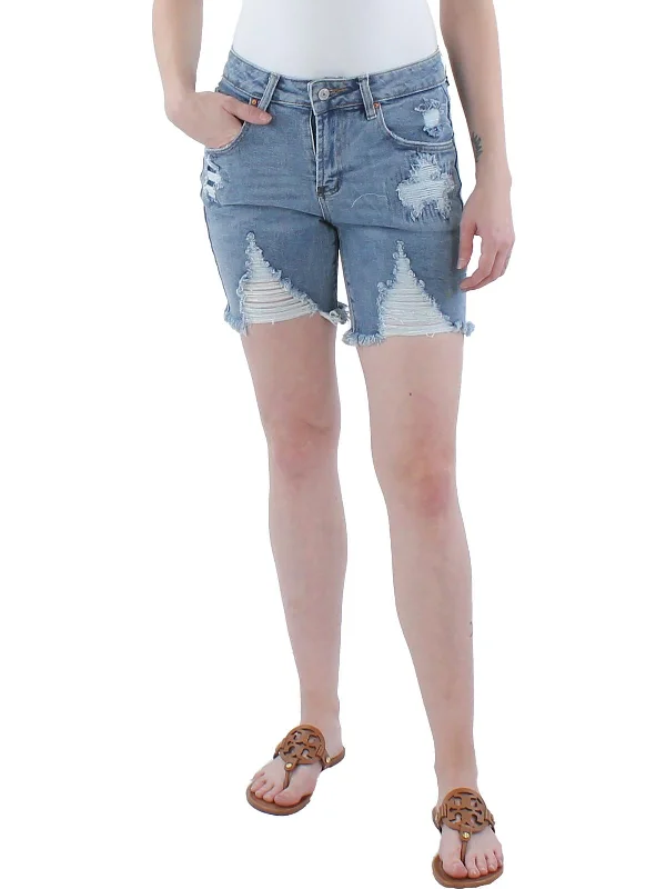 Juniors Womens Denim Destroyed Bermuda Shorts