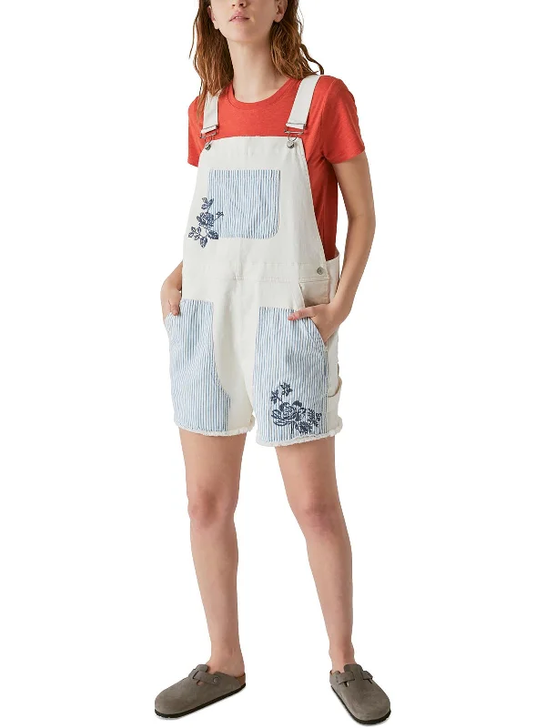 Womens Striped Embroidered Shortalls